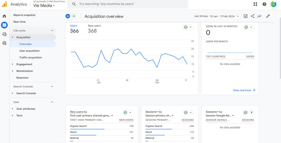 Google Analytics, acquisition page. Vie Media